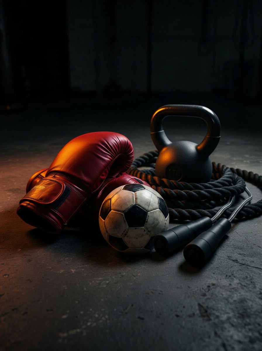 Matériel de coaching : gants de boxe, kettlebell et corde