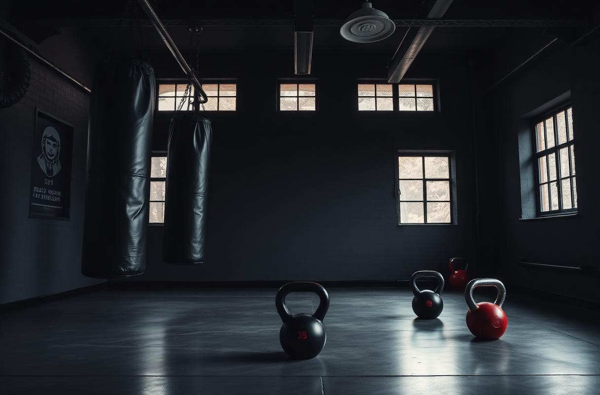 Salle privée d'entraînement à Ecublens avec sacs de boxe et kettlebells